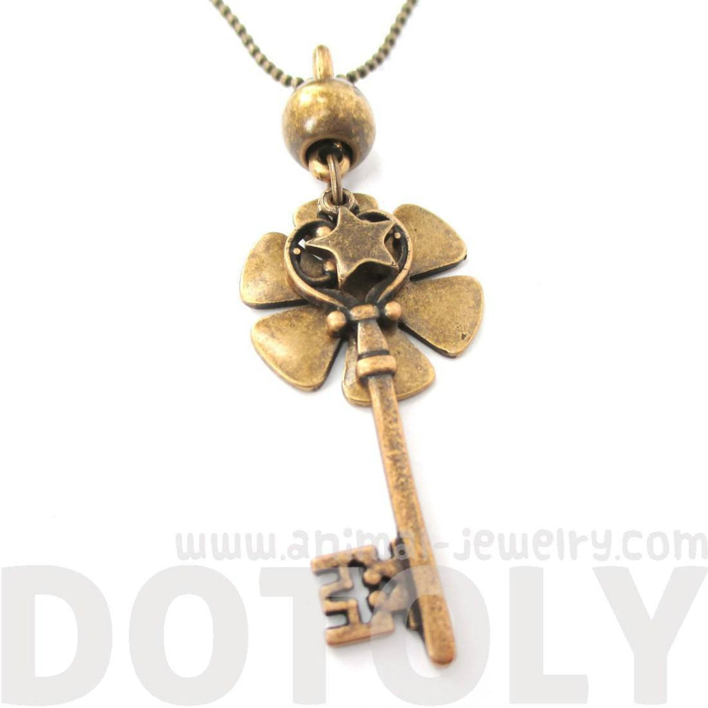 Classic Skeleton Key and Floral Pendant Star Charm Necklace in Bronze