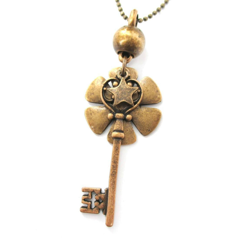 Classic Skeleton Key and Floral Pendant Star Charm Necklace in Bronze