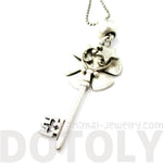 Classic Skeleton Key and Floral Pendant Star Charm Necklace in Silver