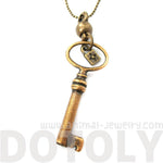 Classic Skeleton Key Pendant and Tiny Lock Charm Necklace in Bronze