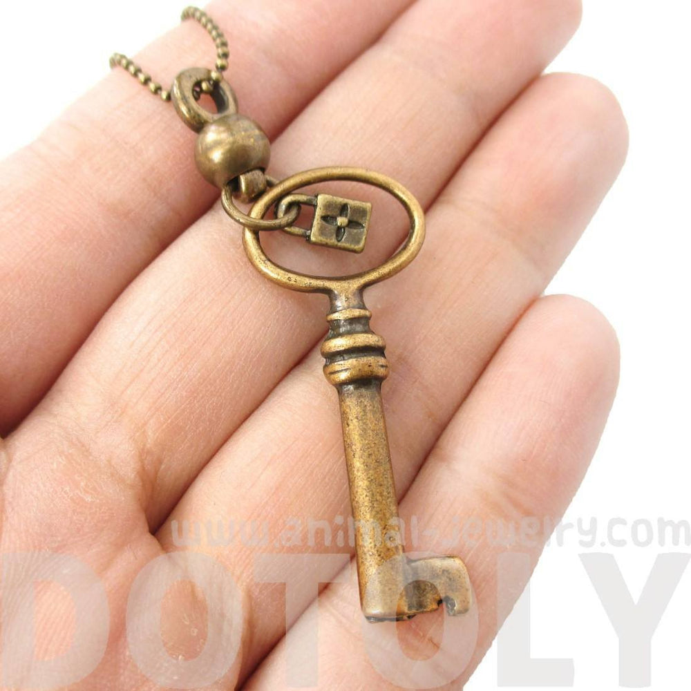 Classic Skeleton Key Pendant and Tiny Lock Charm Necklace in Bronze