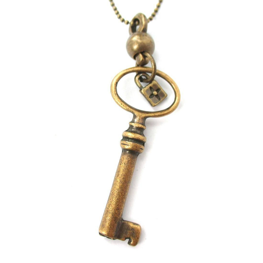Classic Skeleton Key Pendant and Tiny Lock Charm Necklace in Bronze