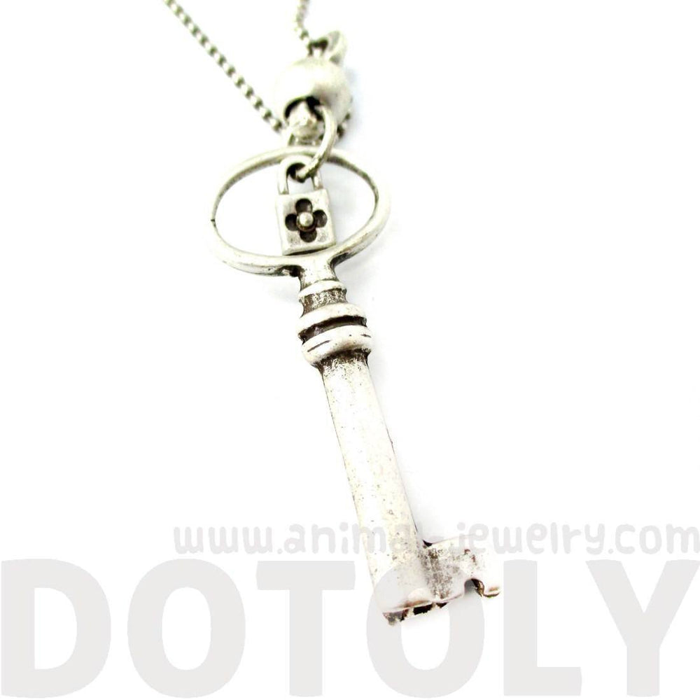 Classic Skeleton Key Pendant and Tiny Lock Charm Necklace in Silver