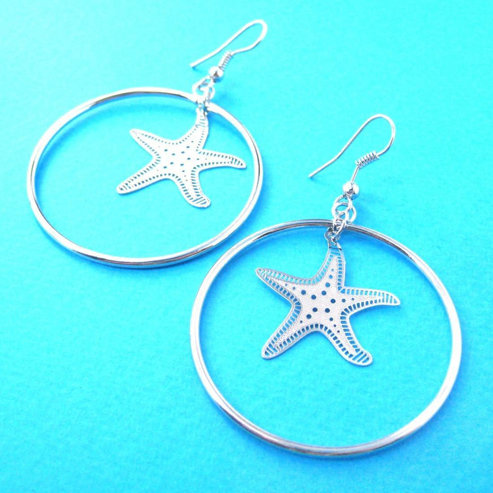 Classic Starfish Star Shaped Dangle Hoop Earrings in Silver | DOTOLY