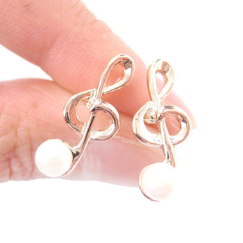 Treble Clef Music Note Shaped Stud Earrings in Gold with Pearl Detail