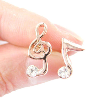Treble Clef Music Note Shaped Rhinestones Stud Earrings in Rose Gold