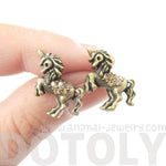 Classic Unicorn Horse Shaped Stud Earrings in Brass with Rhinestones