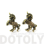 Classic Unicorn Horse Shaped Stud Earrings in Brass with Rhinestones