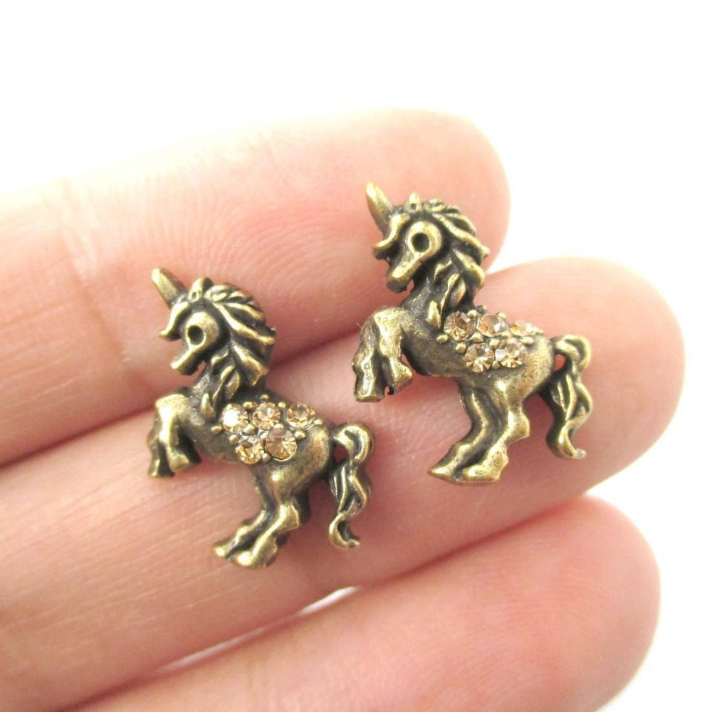 Classic Unicorn Horse Shaped Stud Earrings in Brass with Rhinestones