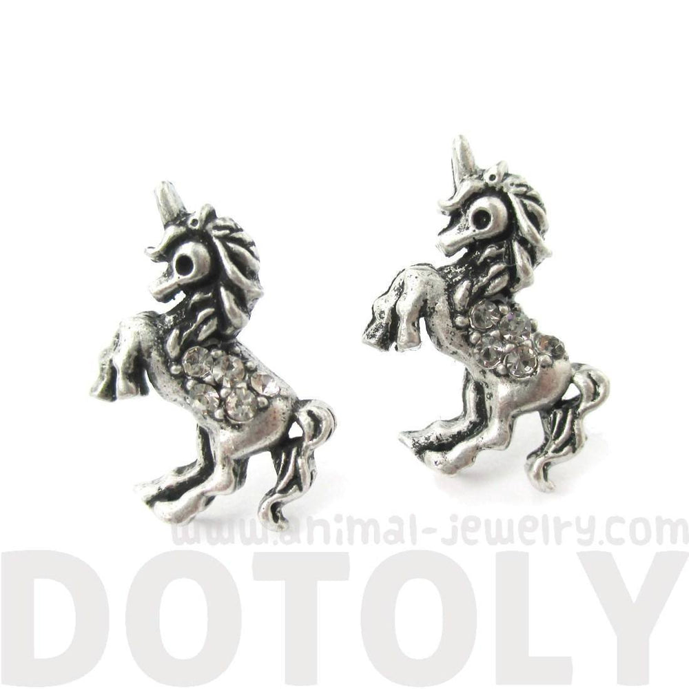 Classic Unicorn Horse Shaped Stud Earrings in Silver with Rhinestones