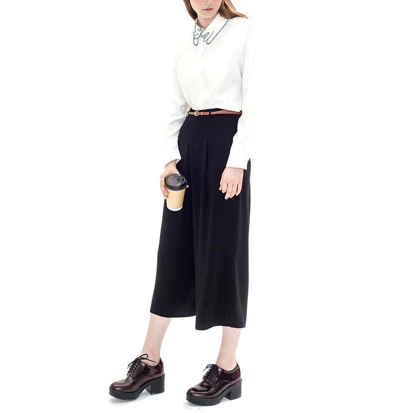 White Shirt with Adorable Embroidered Kitty Cat Wrap Around Collar