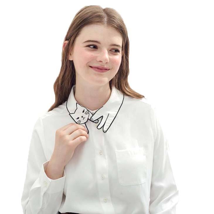 White Shirt with Adorable Embroidered Kitty Cat Wrap Around Collar