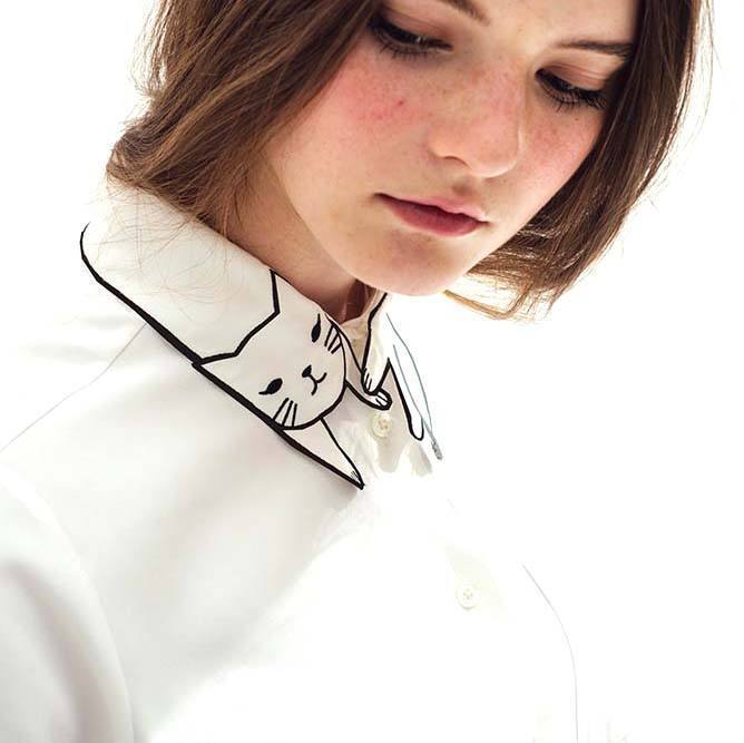 White Shirt with Adorable Embroidered Kitty Cat Wrap Around Collar