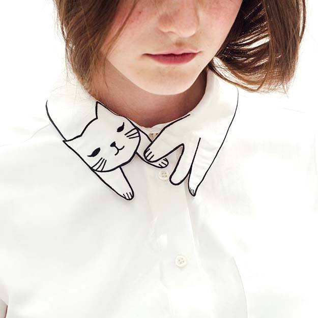 White Shirt with Adorable Embroidered Kitty Cat Wrap Around Collar
