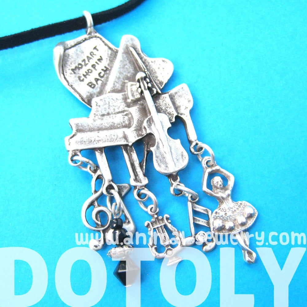 Classical Music Themed Grand Piano Notes Ballerina Pendant Necklace in Silver