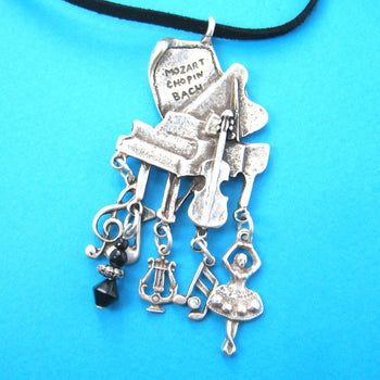 Classical Music Themed Grand Piano Notes Ballerina Pendant Necklace in Silver