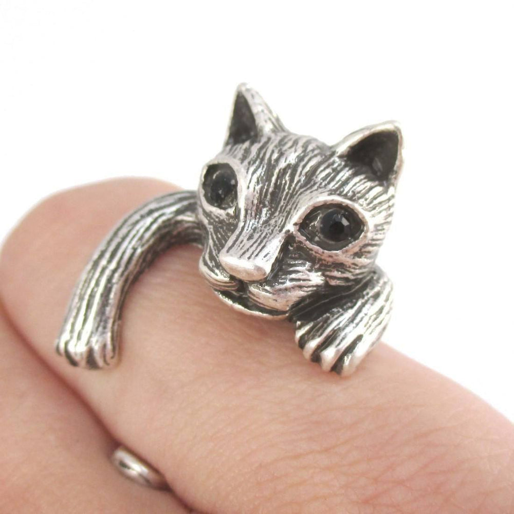 Clingy Kitty Cat Wrapped Around Your Finger Shaped Ring in Silver