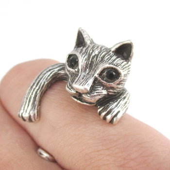 Clingy Kitty Cat Wrapped Around Your Finger Shaped Ring in Silver