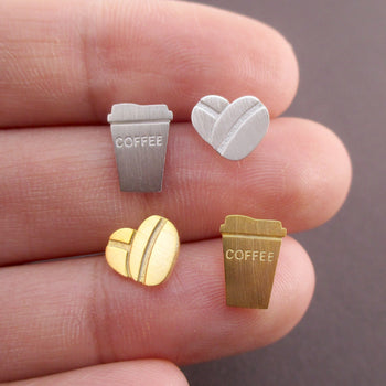 Caffeine Coffee Cup and Coffee Beans Shaped Allergy Free Stud Earrings