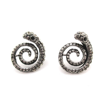 Coiled Snake Shaped Stud Earrings in Silver with Rhinestones | DOTOLY