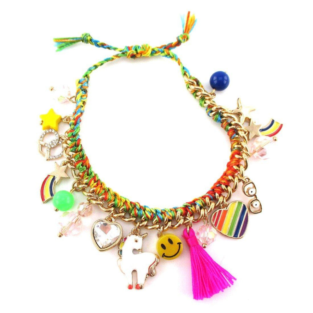 Colorful Braided Unicorn Rainbows Smiley Faces Mixed Charm Bracelet