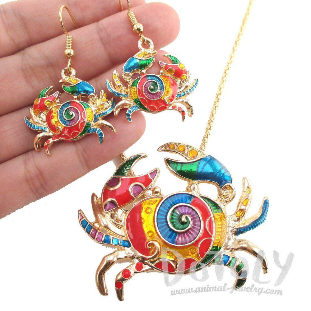 Colorful Enamel Crab Shaped Dangle Earrings and Necklace 2 Piece Set