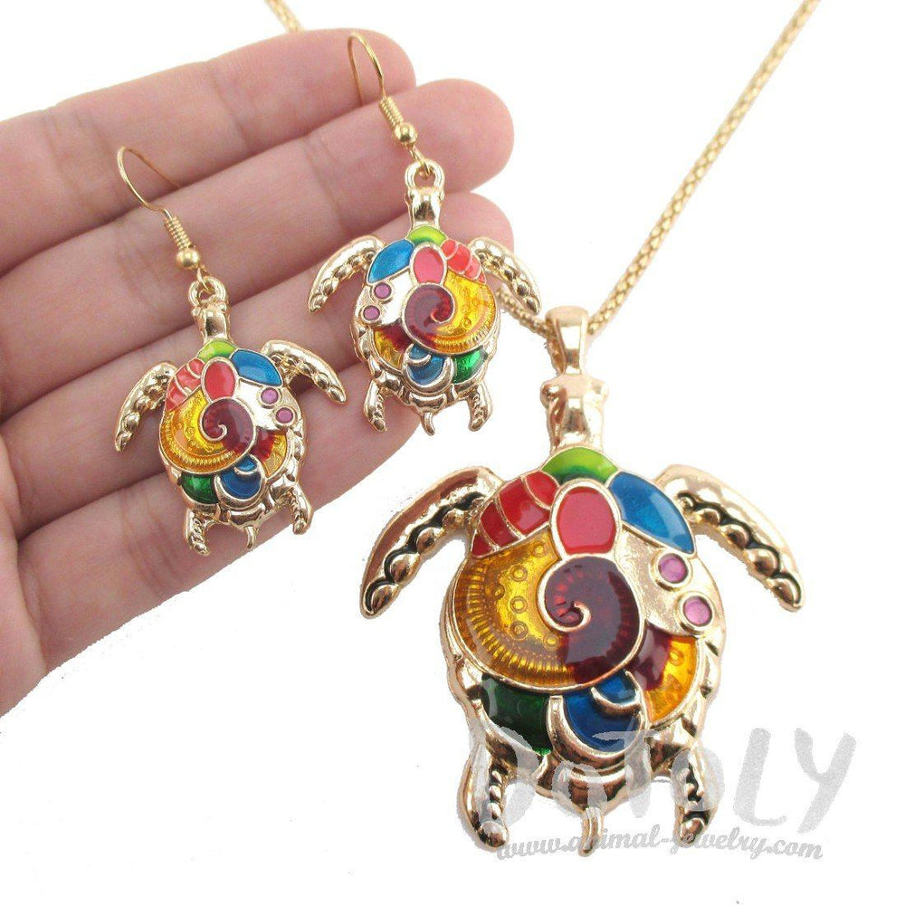 Colorful Enamel Sea Turtle Dangle Earrings and Necklace 2 Piece Set