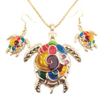 Colorful Enamel Sea Turtle Dangle Earrings and Necklace 2 Piece Set
