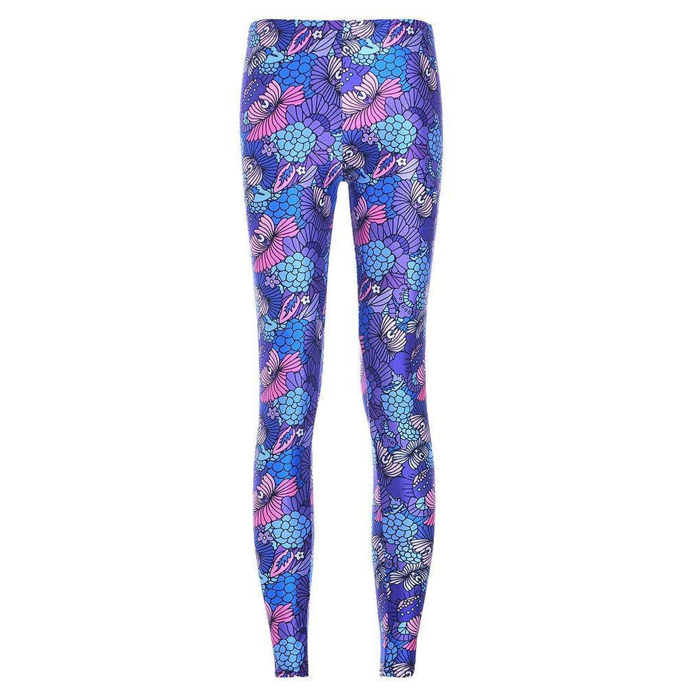 Colorful Floral Coral Abstract Print Legging Pants for Women in Purple