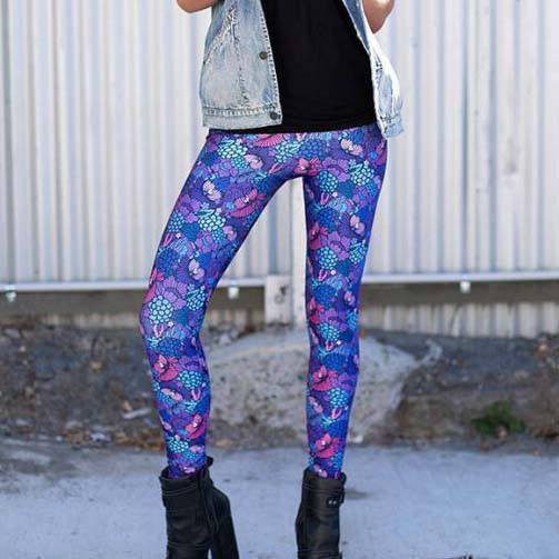 Colorful Floral Coral Abstract Print Legging Pants for Women in Purple