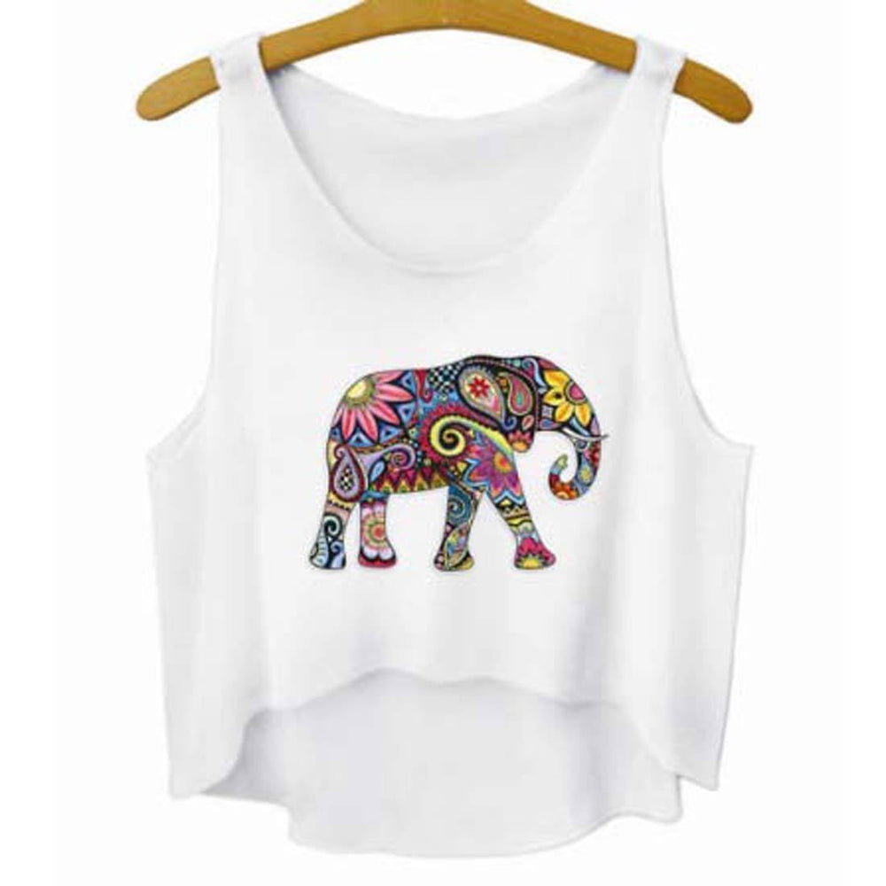 Colorful Floral Print Elephant Silhouette Crop Top Tee