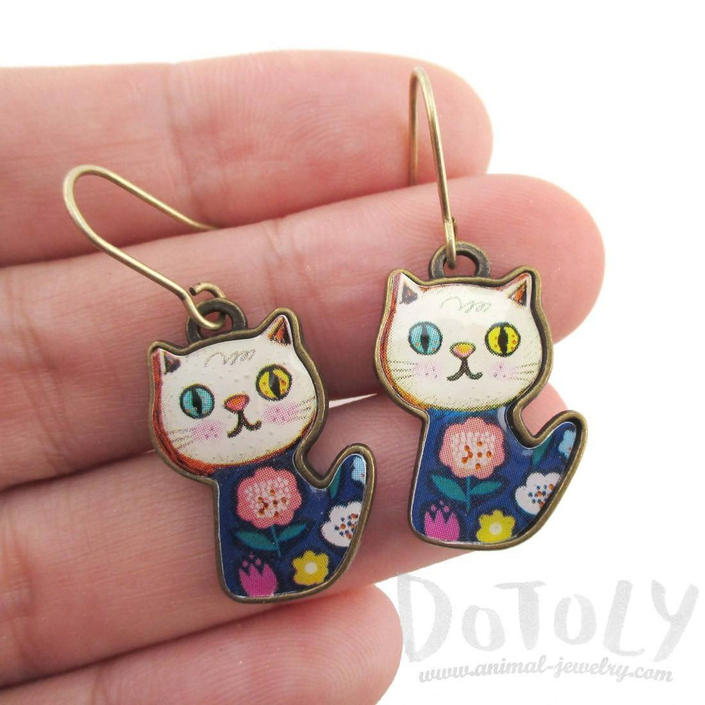 Colorful Floral Print Kitty Cat Cartoon Shaped Dangle Earrings