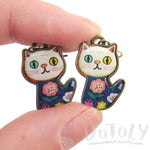 Colorful Floral Print Kitty Cat Cartoon Shaped Dangle Earrings