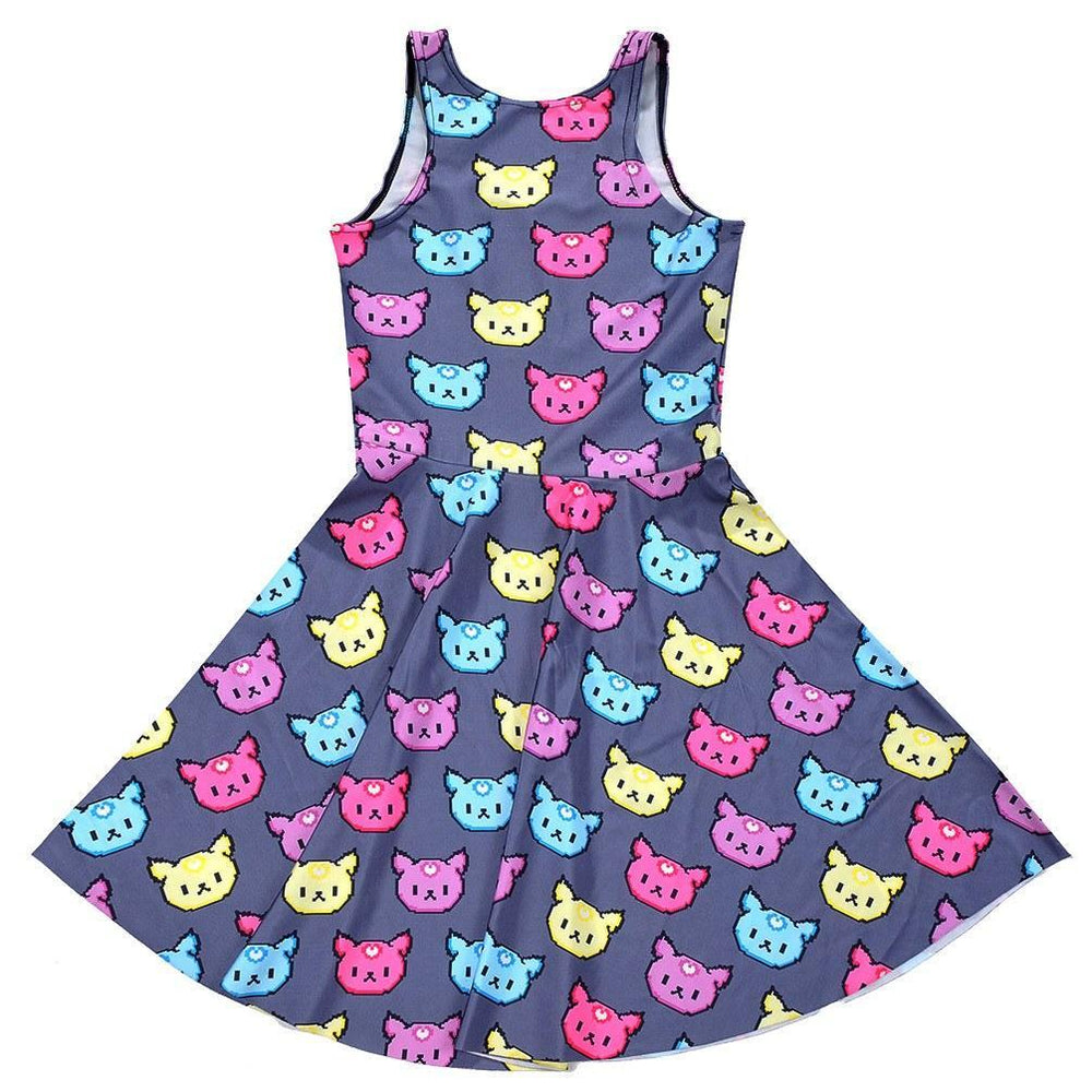 Colorful Kitty Cat All Over Pattern Print Sleeveless Skater Dress