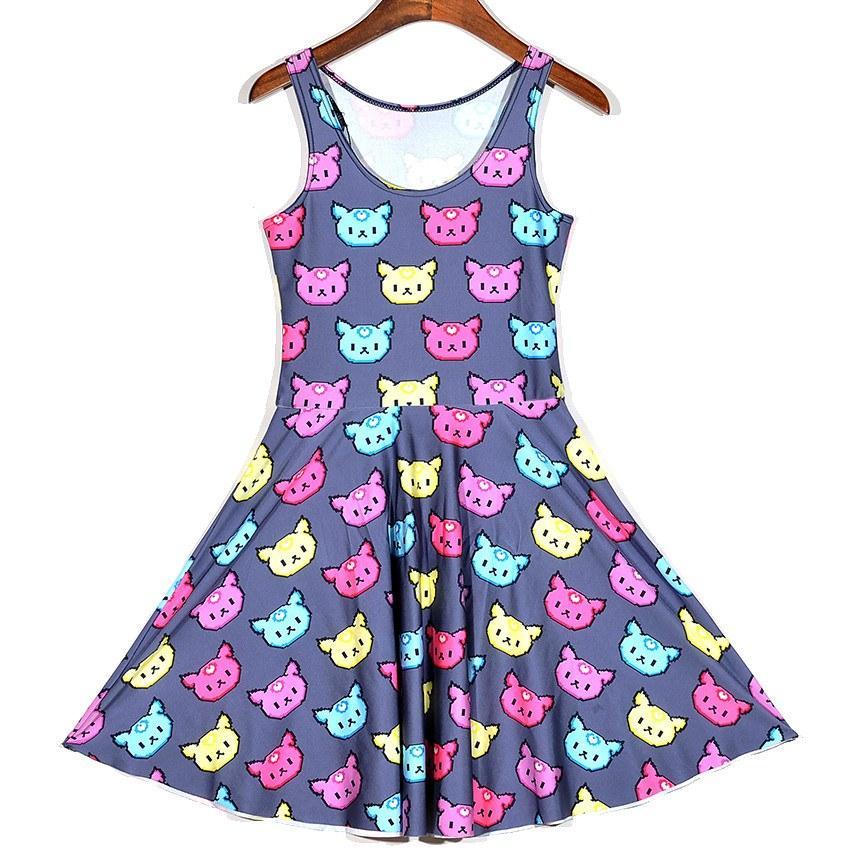 Colorful Kitty Cat All Over Pattern Print Sleeveless Skater Dress DOTOLY