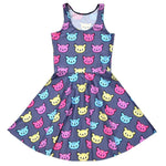 Colorful Kitty Cat All Over Pattern Print Sleeveless Skater Dress