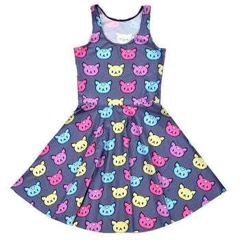 Colorful Kitty Cat All Over Pattern Print Sleeveless Skater Dress