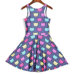 Colorful Kitty Cat All Over Pattern Print Sleeveless Skater Dress