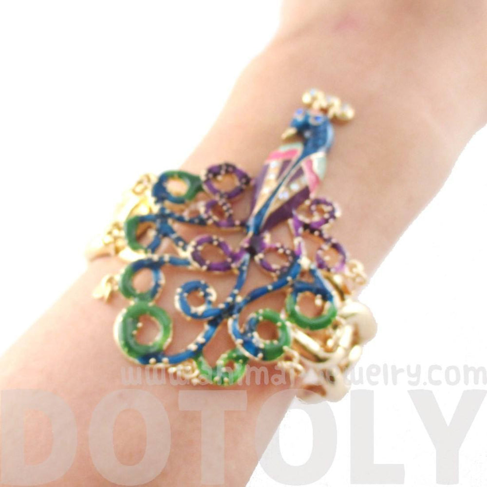 Large Peacock Bird Animal Themed Stretchy Cuff Bracelet