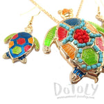 Sea Turtle Dangle Earrings and Beaded Necklace 2 Piece Set in Gold