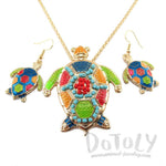 Sea Turtle Dangle Earrings and Beaded Necklace 2 Piece Set in Gold