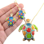 Sea Turtle Dangle Earrings and Beaded Necklace 2 Piece Set in Gold