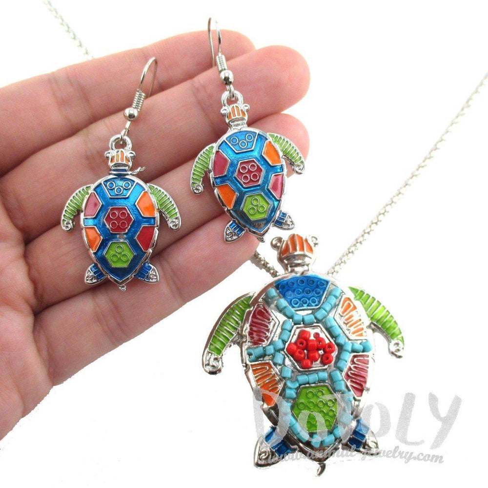 Colorful Sea Turtle Dangle Earrings and Necklace 2 Piece Set in Silver