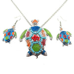 Colorful Sea Turtle Dangle Earrings and Necklace 2 Piece Set in Silver