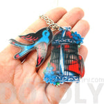 Colorful Sparrow Bird and Birdcage Shaped Acrylic Pendant Necklace