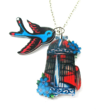 Colorful Sparrow Bird and Birdcage Shaped Acrylic Pendant Necklace