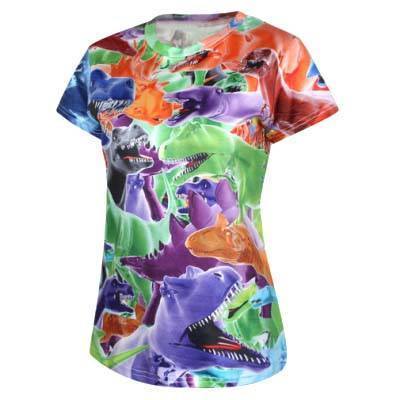colorful-t-rex-all-over-collage-print-short-sleeve-t-shirt-for-women