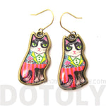 Colorful Tuxedo Cat Illustrated Animal Dangle Earrings