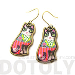 Colorful Tuxedo Cat Illustrated Animal Dangle Earrings