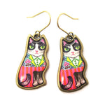 Colorful Tuxedo Cat Illustrated Animal Dangle Earrings